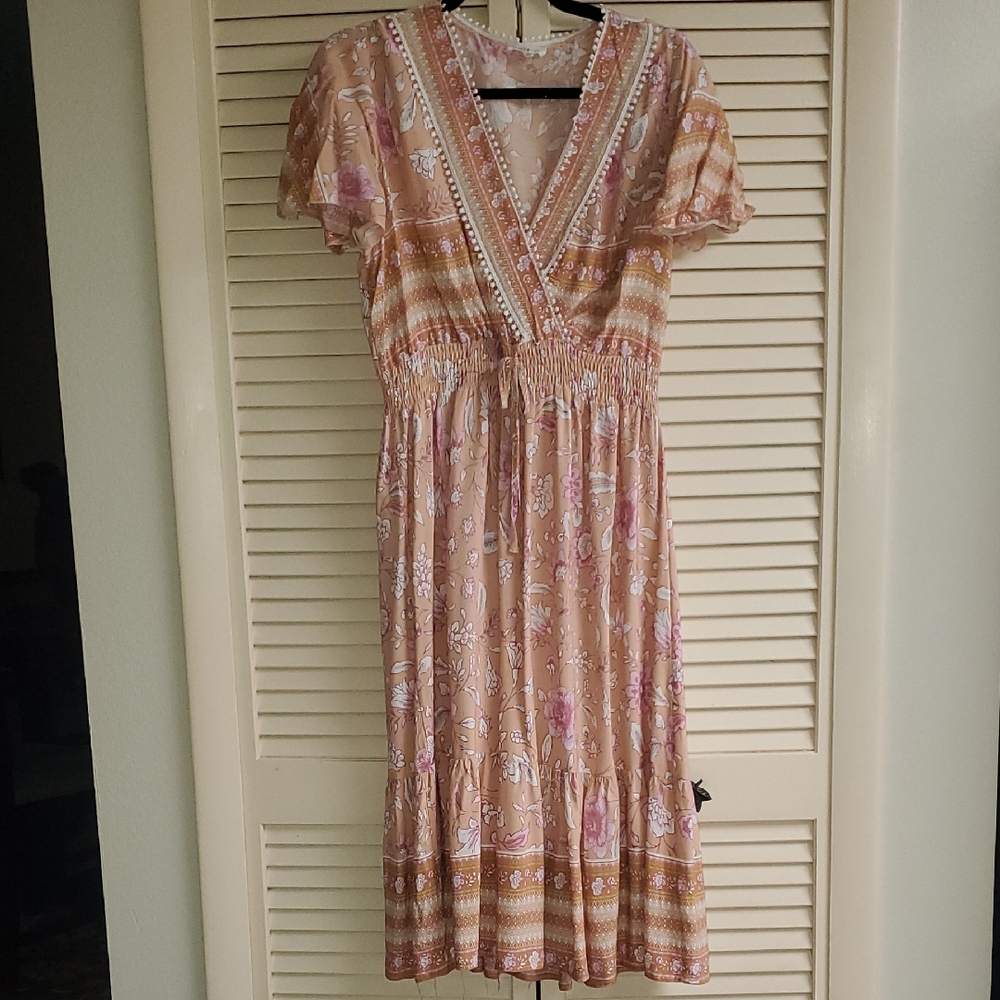 Blush Pink and Beige Floral V-Neck Midi Dress